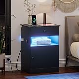 Hasuit Nightstands with Charging Station, LED Light Bedside Table with Storage Drawer Open Cubby and