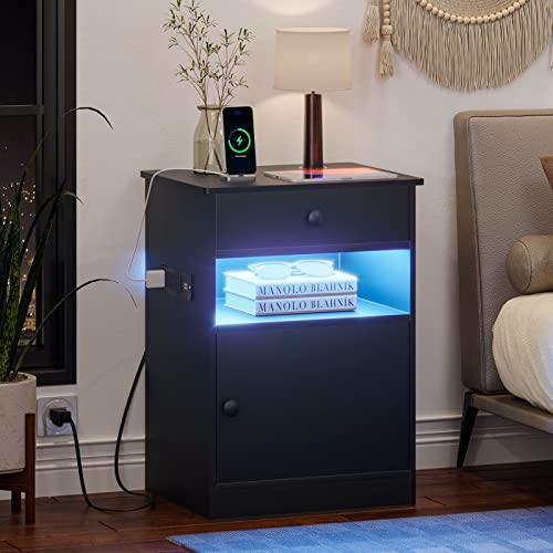 Hasuit Night Stand Set of 2 with LED Lights and Charging Station, Modern Bedside End Table with 2 Fabric Storage Drawers, Black Nightstands for Bedroom