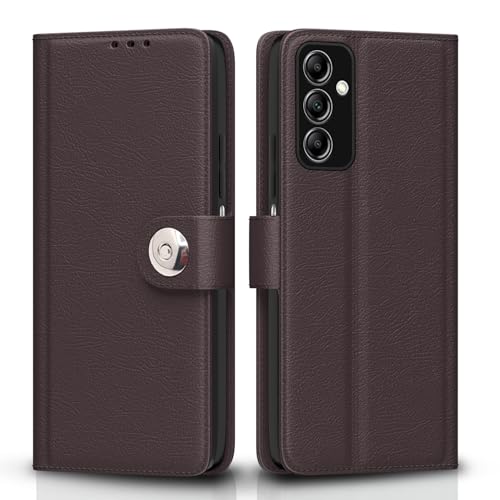 Image of Pikkme Flip Cover Leather Finish | Inside TPU with Card Pockets | Wallet Stand and Shock Proof | Complete Protection Button Flip Case for Samsung Galaxy F23 5G (Coffee)