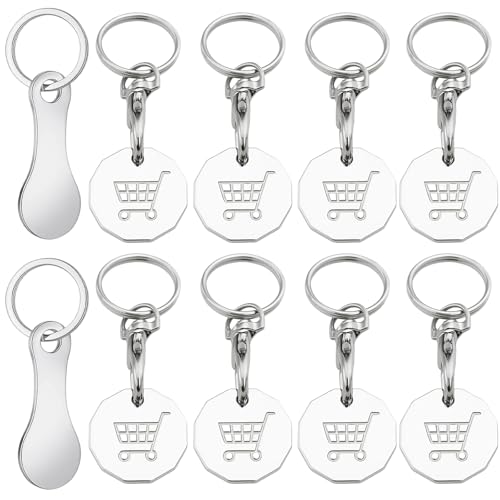 DXPETA 10 Pack Trolley Token Keyrings, Trolley Coins for Shopping Trolley UK, Durable Stainless Steel Trolley Token Keychain, 7.5x2.3 cm