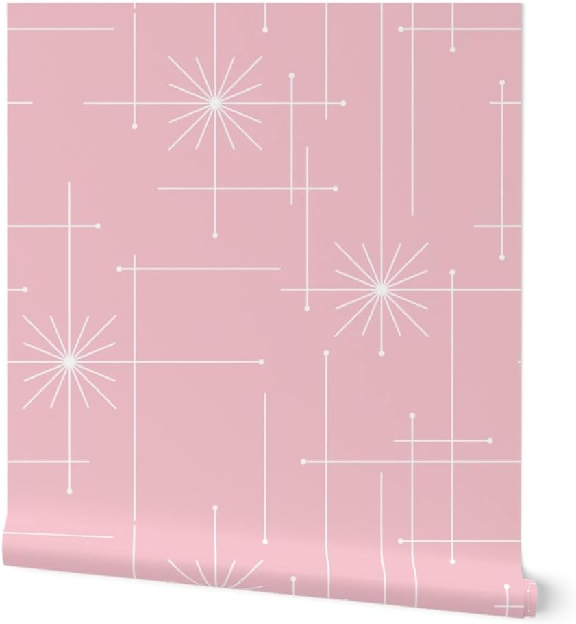 Peel & Stick Wallpaper 3ft x 2ft - Orbs Starburst Pink White Mid Century Modern Custom Removable Wallpaper by Spoonflower