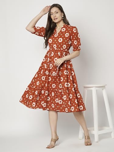 Image of Women's Floral Summer Maxi Dress I Cotton Printed I One Piece Bodycon Midi Dress with V-Neck, Puffed Sleeves