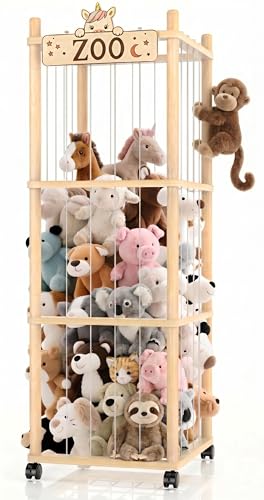 Stuffed Animal Storage Zoo Tower 56In Wooden Large Stuffed Animal Holder Organizer with Wheels Stuffy Plushies Storage with Elastic Band&Mesh Bottom Toy Storage Organizers for Playroom Bedroom Nursery