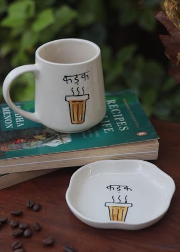 Image of WEAVING HOMES Handcrafted Ceramic Mug 300ml & Dessert Plate (Set of 2, Multicolor) - Coffee Mugs and Dessert Plates for Birthday Gifts, Mugs for Office and Travel