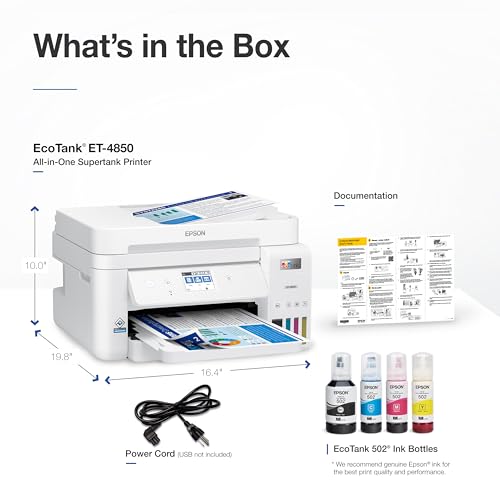 Image of Epson Ecotank et-4850 Multifunction Wireless Supertank Printer with Scanner, Copier, Fax, ADF and Ethernet - The Perfect Printer for Office - White, Medium