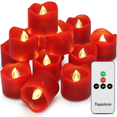 Image of Topstone Red Remote Control Flameless Tealight Candles,CR2450 Battery Powered Votive Candles with Timer,Electric Fake Candle for Home, Christmas Decoration,Pack of 12