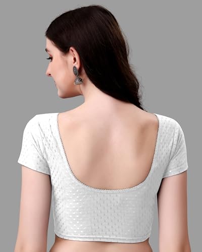 Image of Women's Stretch Cotton Saree Blouse | Readymade Blouse for Saree | Round Neck | Short Sleeves | Soft, Breathable & Comfortable