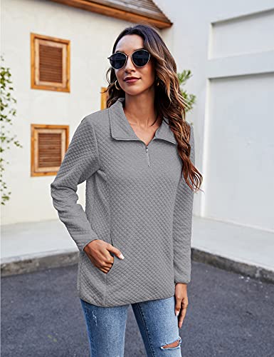 Women Half Zipper Long Sleeve Pullover Quilted Pattern Hoodie Casual Sweatshirt Stand Collar Tops With Pocket Grey L #TOP3