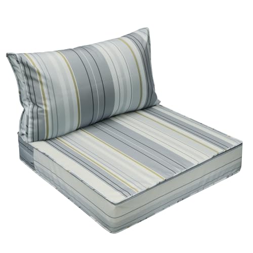 Image of AAAAAcessories Outdoor Seat Cushions for Chairs, Fade-Resistant, Waterproof Patio Furniture Replacement Cushions, 23.5 inch x 25.5 inch x 5 inch + 23.5 inch x 13.5 inch, Ash Blue Harbor Stripe