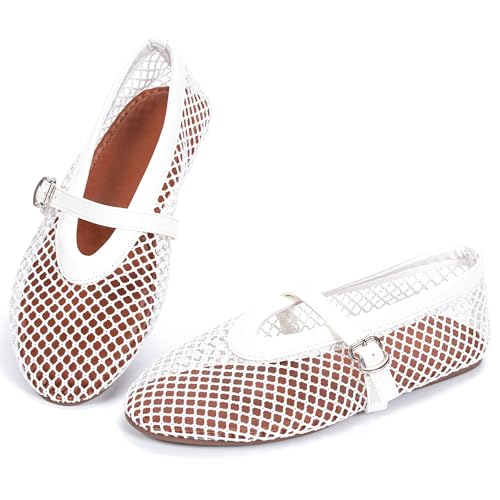 Image of Mesh Ballet Flats for Women, Fishnet Ballerina Shoes Buckle Strap, Wide Width Round Toe Casual Office Daily Summer Dress Flat Shoes (White, Adult, Women, 5, Numeric, UK Footwear Size System, Wide)