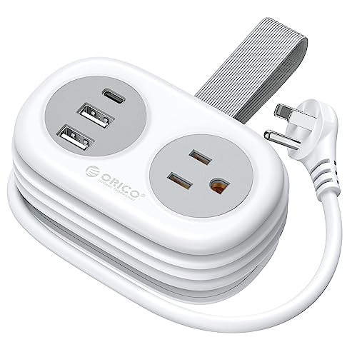 ORICO Travel Power Strip, 3.7FT Small Extension Cord, Portable Power Strip Flat Plug with 2 AC Outlets 3 USB Ports (1 USB C), Multi Plug Extension Cord for Travel, Cruise, Office, Hotels