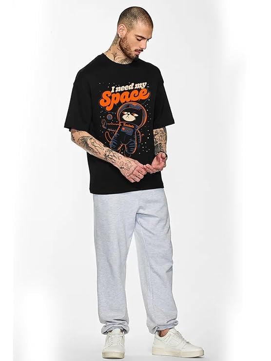 Image of LEOTUDE Half Sleeve Oversized Cottonblend Round Neck Drop Shoulder Printed Men's T-Shirt (Color Black)