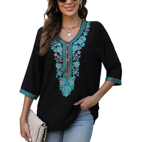 Higustar Mexican Blouses for Women Embroidered Traditional Floral Peasant Tops Bohemian Clothes 3/4 Sleeve Tunic Boho Shirt Cover