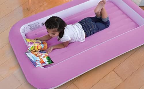 ECASA Inflatable kids mattress for camping, sleepovers and travel. Junior air beds in pink or blue with a soft flocked surface. Inflatable bed with bed bumper for kids. (Pink)