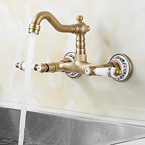 360° Drehbar Wandarmatur Küchenarmatur Messing Antik Wandmontage Doppelhebel Spültischarmatur Waschbeckenarmatur Wasserhahn Wand Waschtischarmatur Retro Waschtischmischer für Küche (Antiquität C) Cover
