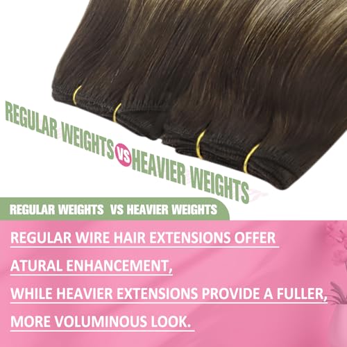 Image of YoungSee 125G Wire Hair Extensions Balayage Brown Fish Line Hair Extensions Real Human Hair Ombre Dark Brown with Ash Blonde Hair Extensions Wire for Women 16Inch