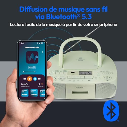 MEDION E65010 Radio stéréo (Lecteur CD, Cassette, Port USB, entrée Audio AUX, Lecture MP3. Radio FM PLL,40 mémoires de Stations, Fonctionnement sur Piles, télécommande) Vert