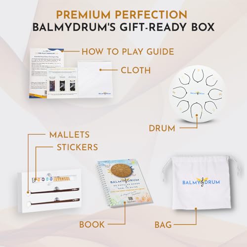 The Balmy Drum - 8 Note 6 Inch Steel Tongue Drum, Steel Drum Instrument, Drums For Children and Adults, Balmy Drum Set for Kids with Music Book, Handpan, Mallet and Carry Bag (White)