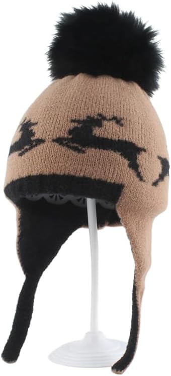 Kids' Deer Print Knit Hat, Animal Ear Flap Beanie with Adjustable Chin Strap, Winter Skull Cap for Boys & Girls