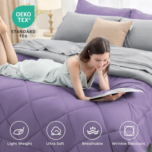 HEVUMYI King Comforter Set - 7-Piece All Season Bed in a Bag King, Ultra Soft Bedding Set with Comforter, Flat Sheet, Fitted Sheet, Pillowcases, Pillow Shams, Purple & Light Grey