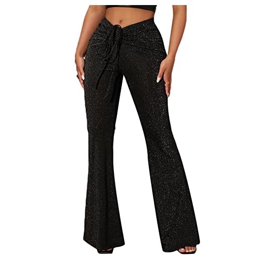 SOLY HUX Women's Metallic Sequin Tie Front Elastic Waist Flare Leg Pants Bell Bottom Disco Trousers Black M