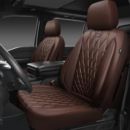 Image of CAR PASS Piping Luxury Faux PU Leather Two Front Car Seat Covers, Waterproof Anti Slip Seat Covers Compatible with Front Seat Armrests,Universal Fit for Suvs,Vans,Trucks,Airbag Compatible, All Brown