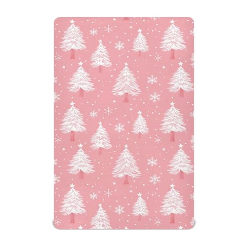 Image of Christmas Pinks Trees Snowflakes Crib Sheets Soft Breathable Fitted Baby Crib Sheets Mattress Cover for Girls Boys, 52 inch x 28 inch x 9 inch