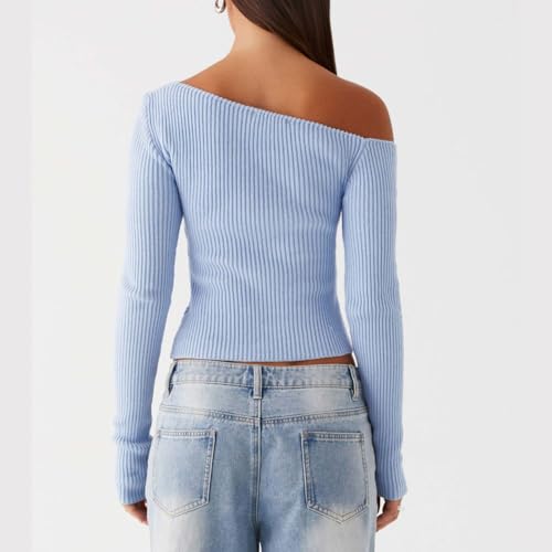 Image of Women Off Shoulder Long Sleeve Sweater Y2K Ribbed Knit Pullover Solid Crop Top Going Out Boat Neck Blouse