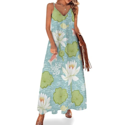 hojeooo V-Neck Womens Dresses Tropical Water Lilies Summer Spaghetti Strap Casual Sleeveless Maxi Dress for Women L