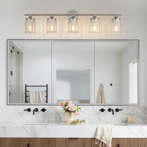 Image of Jonsi Nickel Bathroom Light Fixtures 5-Light Vanity Lights Modern Wall Sconce with Clear Glass Shade Brushed Nickel Bathroom Light Fixture Over Mirror for Bedroom Hallway Kitchen