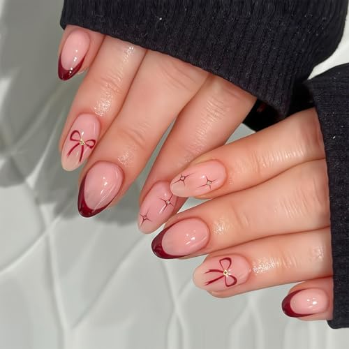 Valentine's Day Press on Nails Short Almond 3D Fake Nails Red Bow...