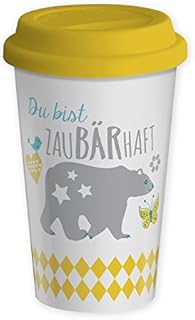 Die Geschenkewelt 43579 Becher mit Bär und Spruch Du bist zaubärhaft, Porzellan, 43 cl, mit Silikon-Deckel, gelb, pastell-farben
