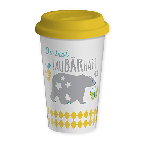 Die Geschenkewelt 43579 Becher mit Bär und Spruch Du bist zaubärhaft, Porzellan, 43 cl, mit Silikon-Deckel, gelb, pastell-farben