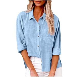 Womens Cotton Button Down Shirt Casual Long Sleeve Loose Fit Collared Linen Work Oversized Blouse Tops with Pocket