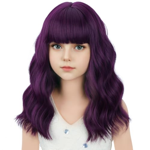 Image of Purple Wig Short Purple Wavy Curly Wigs Wig with Air Bangs Synthetic Cosplay Hair Wigs