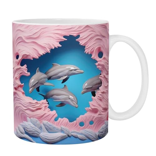 Genérico Taza de café con delfines 3D, Tazas lindas pintadas planas 3D novedosas, Tazas de café Novedad taza de 11oz cerámica delfín decoración para los amantes del leche té