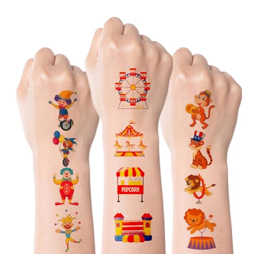 Kotkiddy 72 Stück Karneval Zirkus Clown Temporäre Tattoos Kinder Jungen Mädchen Partydeko Mitgebsel Geschenk Sticker für Geburtstag Feier Circus Themenparty