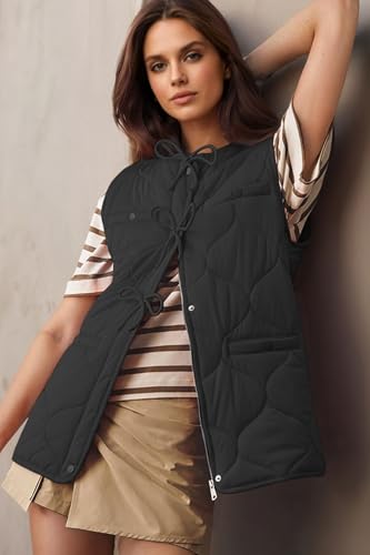 ECOWISH Puffer Vest Women 2025 Sleeveless Quilted Jacket Bow Button Zip Up Fall Winter Coat Padded Gilet Outerwear2