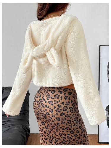 MakeMeChic Women's Faux Fur Bunny Ear Crop Teddy Coat Full Zip Drawstring Long Sleeve Fleece Outerwear2