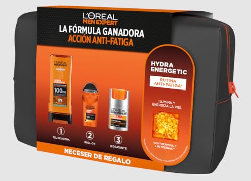 L'Oréal Paris Men Expert Hydra Energetic Set de Regalo Hombre con Neceser, Kit Antifatiga 24h con Vitamina C y Guaraná, Incluye Crema Hidratante, Gel de Ducha y Desodorante para Piel Cansada