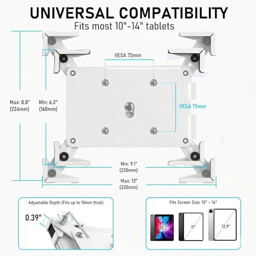 Image of Tablet Wall Mount, Metal Enclosure iPad Holder for Retail POS & Smart Home | Secure Anti-Theft Low Profile VESA 75x75 Stand, Portrait or Landscape Display, Fits 10-14 Inch iPad Pro Air Galaxy Tab, White