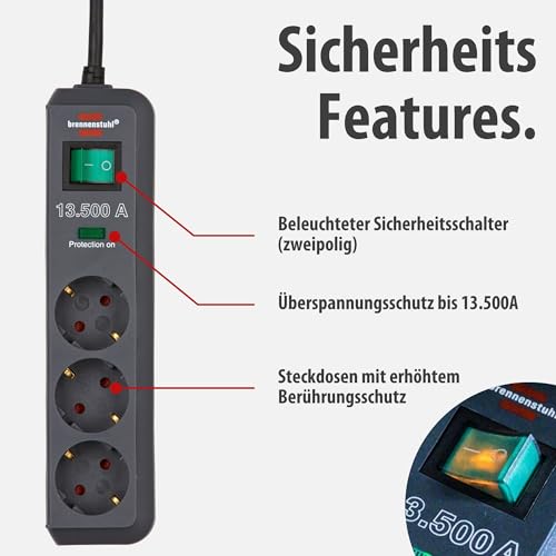 Brennenstuhl Eco-Line Steckdosenleiste 3-Fach mit Überspannungsschutz (Mehrfachsteckdose mit erhöhtem Berührungsschutz, Schalter und 1,5m Kabel) anthrazit