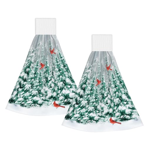Giwawa Pine Tree Hanging Hand Towels Set of 2 Winter Bird Fingertip Kitchen Dish Tie Towel Absorbent Soft Washcloth for Tabletop Bathroom Laundry
