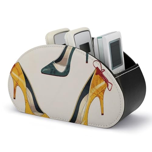 QMNBTES PU Leather High Heel Shoes TV Remote Control Holder, 5 Slots Desktop Organizer, Black Remote Caddy for Pens Makeup Brushes, Desk & Nightstand Storage Box for Home Office Living Room