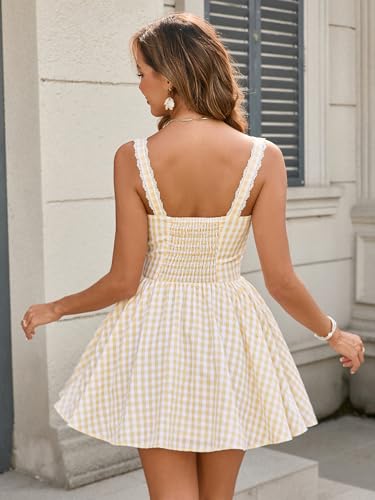 Parthea Women's Summer Cute Corset Mini Dress Lace Spaghetti Strap Sweetheart Flowy A-line Gingham Short Dresses2