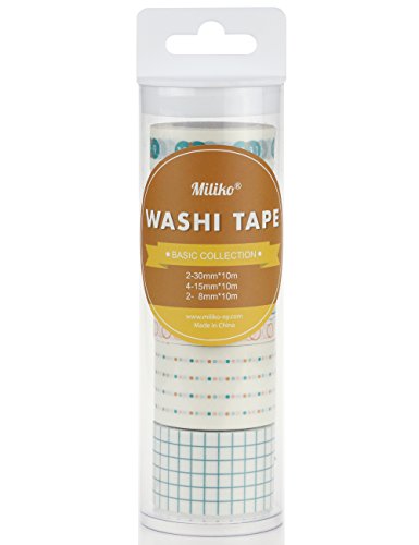 Miliko Basic Collection Washi Tape Set-8 Uniquely Designed 10m(32ft) Tapes per Pack