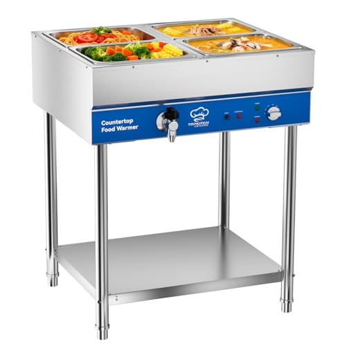 TOPKITCH ETL Listed 4-Pan Commercial Food Warmer, Electric Steam Table, 120V 1700W Stainless Steel Buffet Catering Food Warmer with Undershelf and Workspace, for Buffet,Parties and Restaurants.