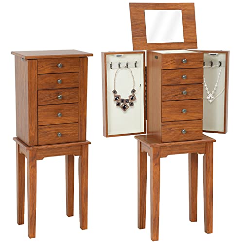 Jewelry Cabinet Jewelry Chest Jewelry Armoire Wood Jewelry Box Storage Stand Organizer with Side Doors Drawers Makeup Mirror (5 Drawers)