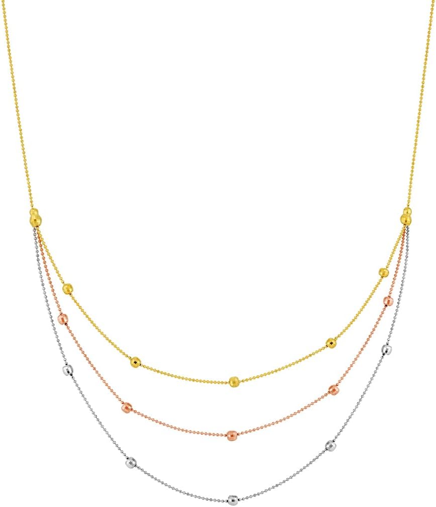 JewelryWeb 14k Yellow White and Rose Gold Tricolor Bib Necklace With Sparkle-Cut Beads 17 Inch Pendant Necklace for Women