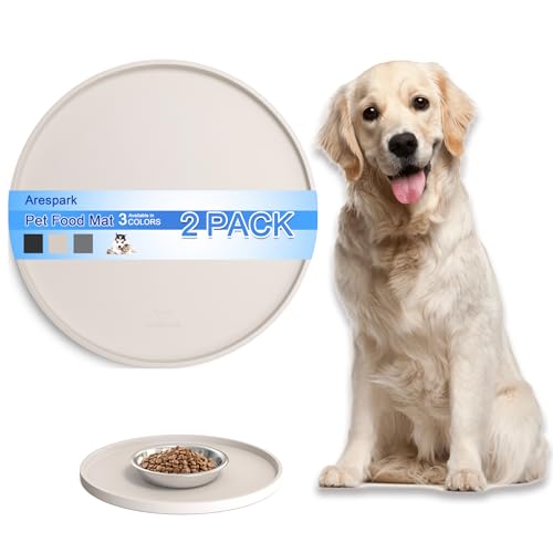 Arespark Dog Food Mat 2 PCS, Nonslip Waterproof Dog Silicone Feeding Bowl Mat with Raised Edges for Floors Prevent Spills, Round Eating Plate Puppy Supplies (Off White 10in)